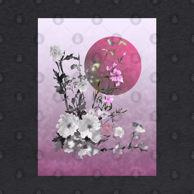 sumiE flowers and a big pink moon by cuisinecat